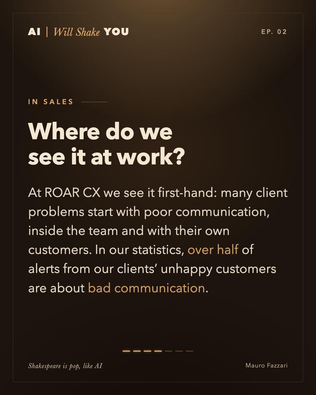 In sales. Where do we see it at work? At ROAR CX we see it first-hand: many client problems start with poor communication, inside the team and with their own customers. In our statistics, over half of alerts from our clients’ unhappy customers are about bad communication.